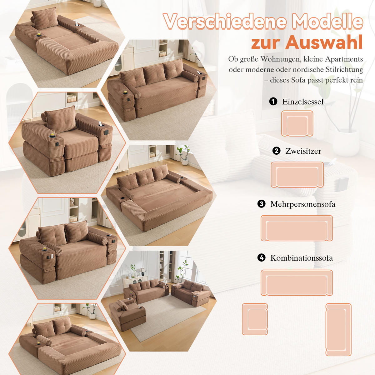 SCHLAFSOFA mit Klappfunktion, Getränkehalter und Seitentasche aus Cord - Braun, Textil (122/80/98cm) - EVRYAE