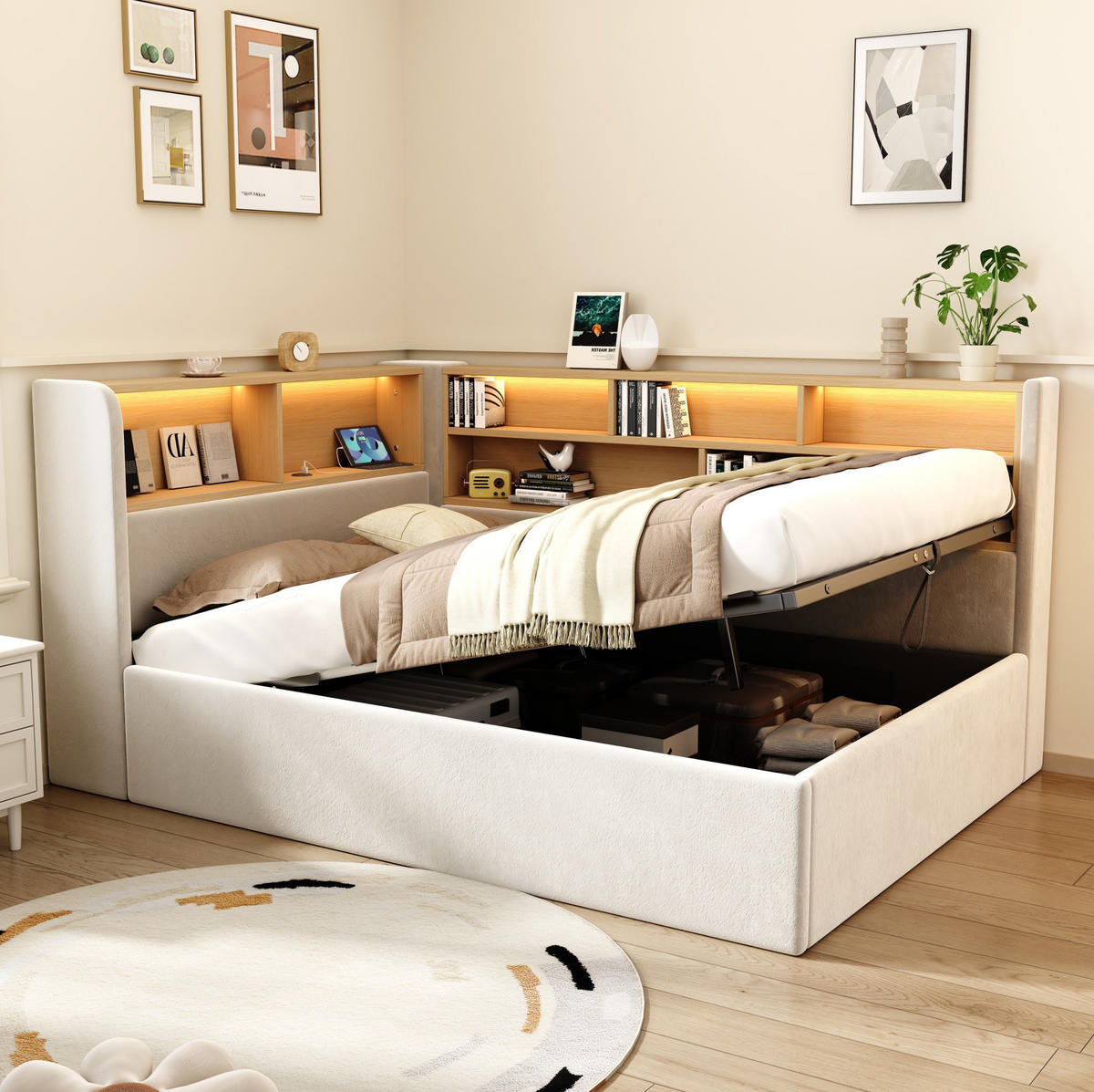 DENNÁ posteľ 90/200 cm béžová zo zamatu s hydraulickým úložným priestorom, LED osvetlením a USB nabíjaním - béžová, textil (90/200cm) - OKWISH