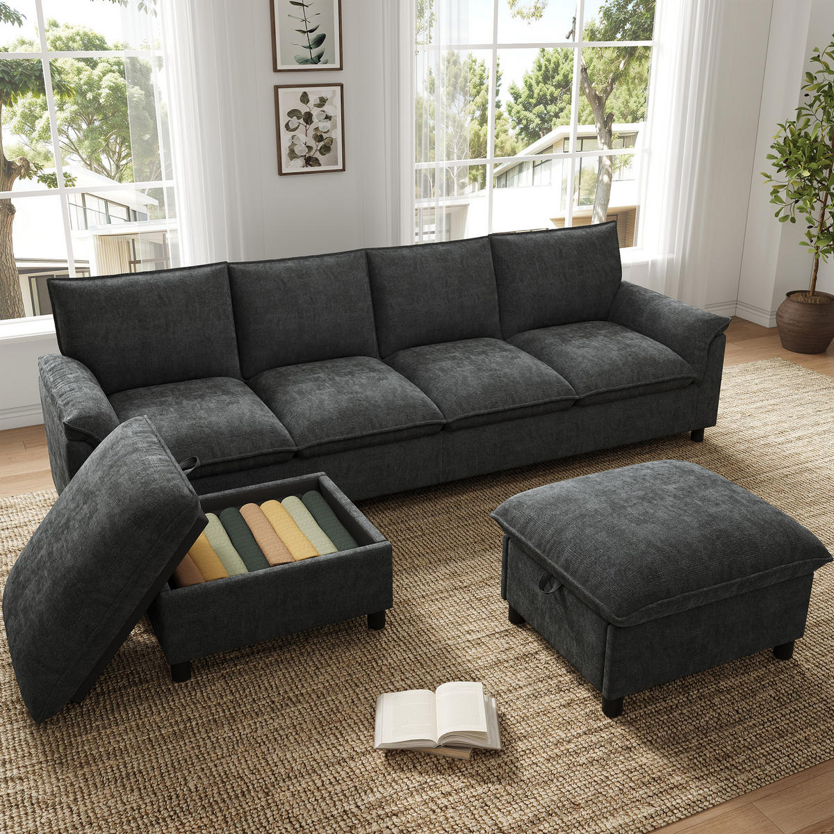 WOHNLANDSCHAFT 264.5/142.5/84 cm Schwarz mit 2 Aufbewahrungs-Ottomane - Schwarz, Textil (142.5/84/264.5cm) - Oxeza