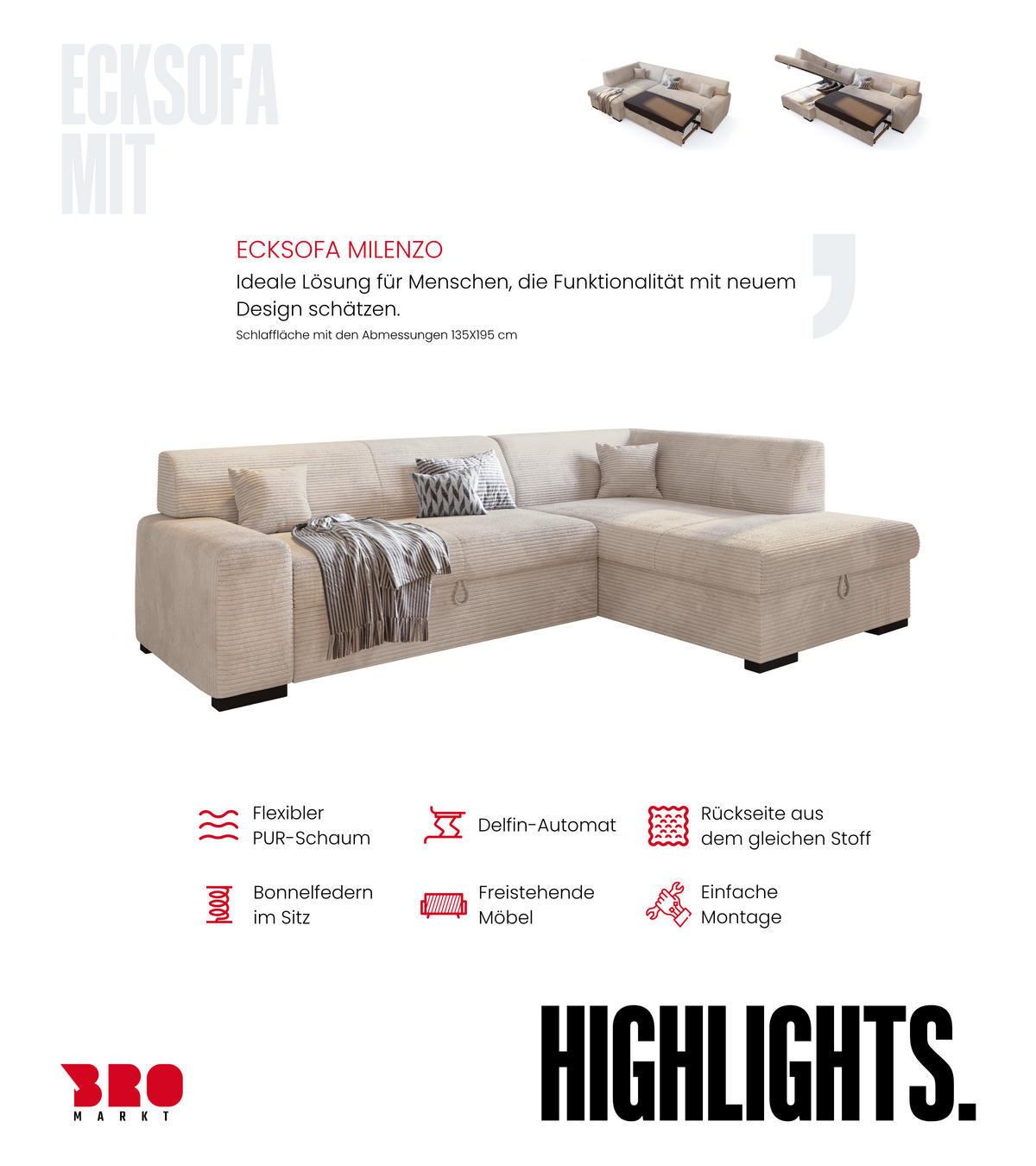 ECKSOFA mit Schlaffunktion Cordstoff MILENZO Vanille Rechts - Creme, Holz (260/175cm) - Bromarkt