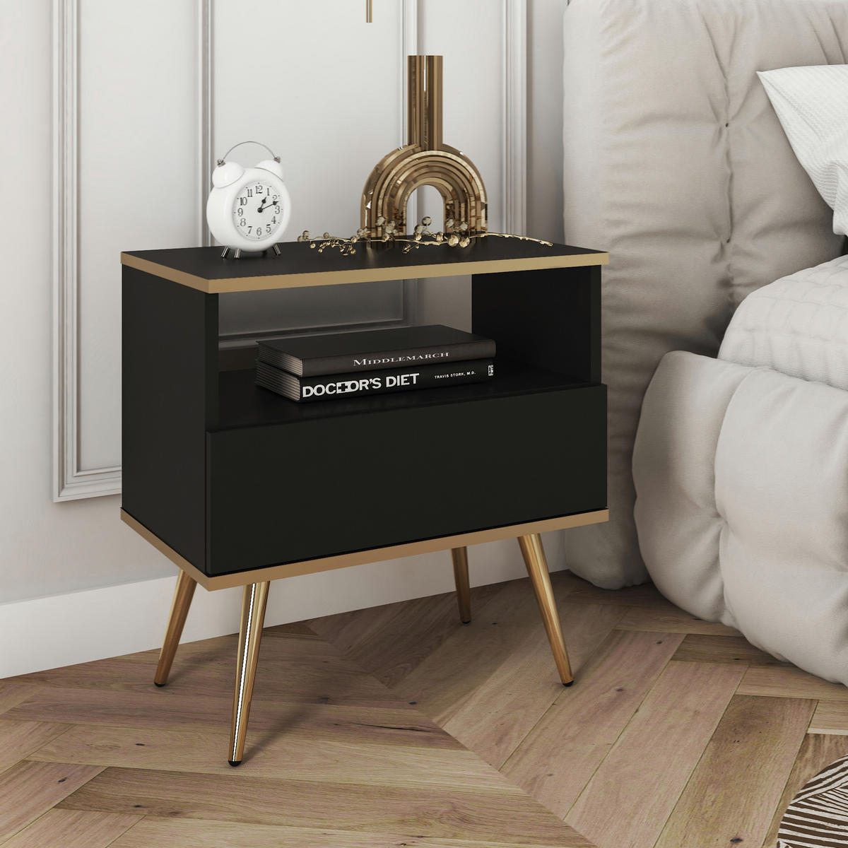 NACHTTISCH BANFF STO1-1S Goldene Metallbeine, Schwarz - Schwarz, Holzwerkstoff/Kunststoff (54/59/39cm) - Komodee