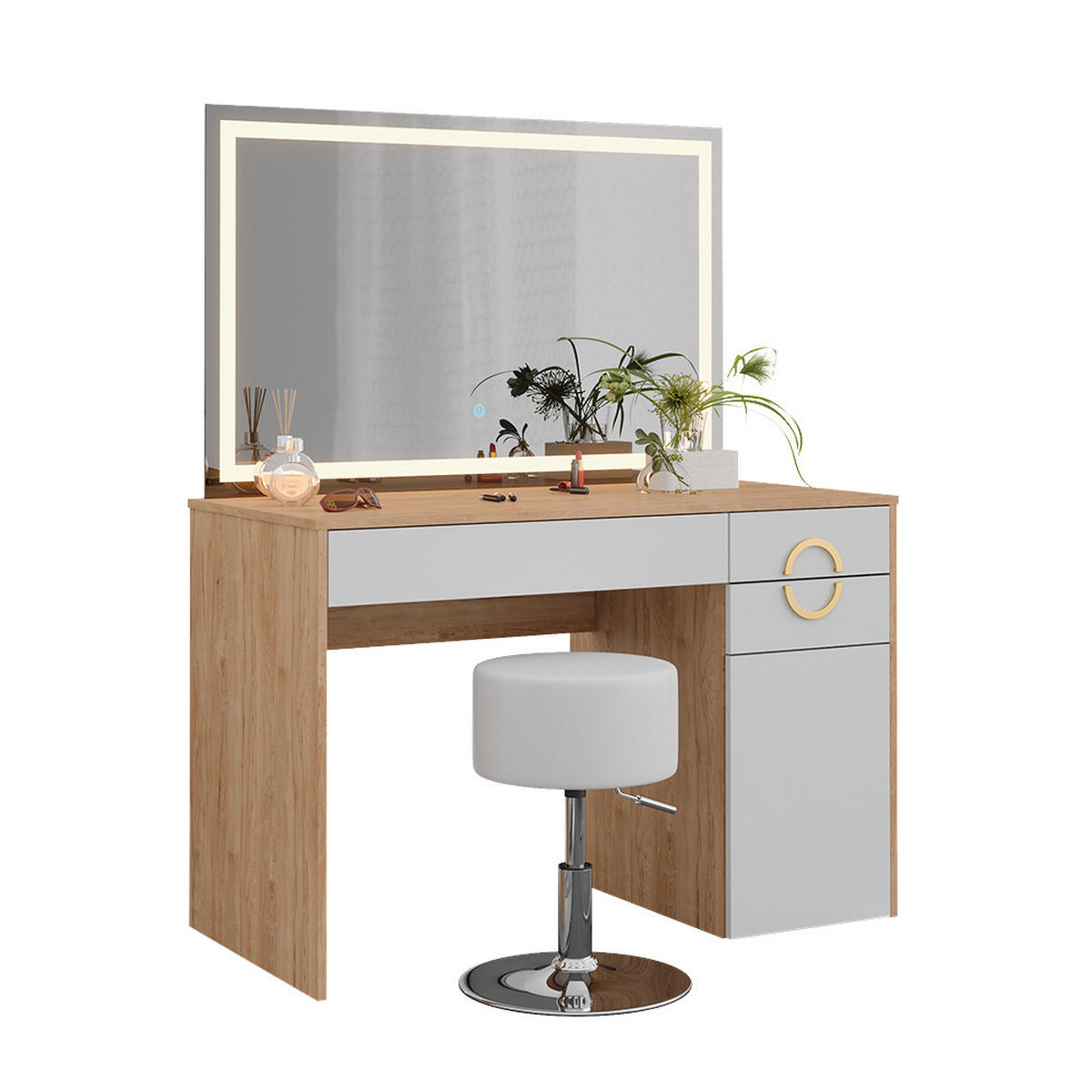 SCHMINKTISCH Adela Natural Rockford Hickory 115 cm mit LED Spiegel und Hocker - Weiß/Sonoma Eiche, Holzwerkstoff (115/76.4/55cm) - Vicco