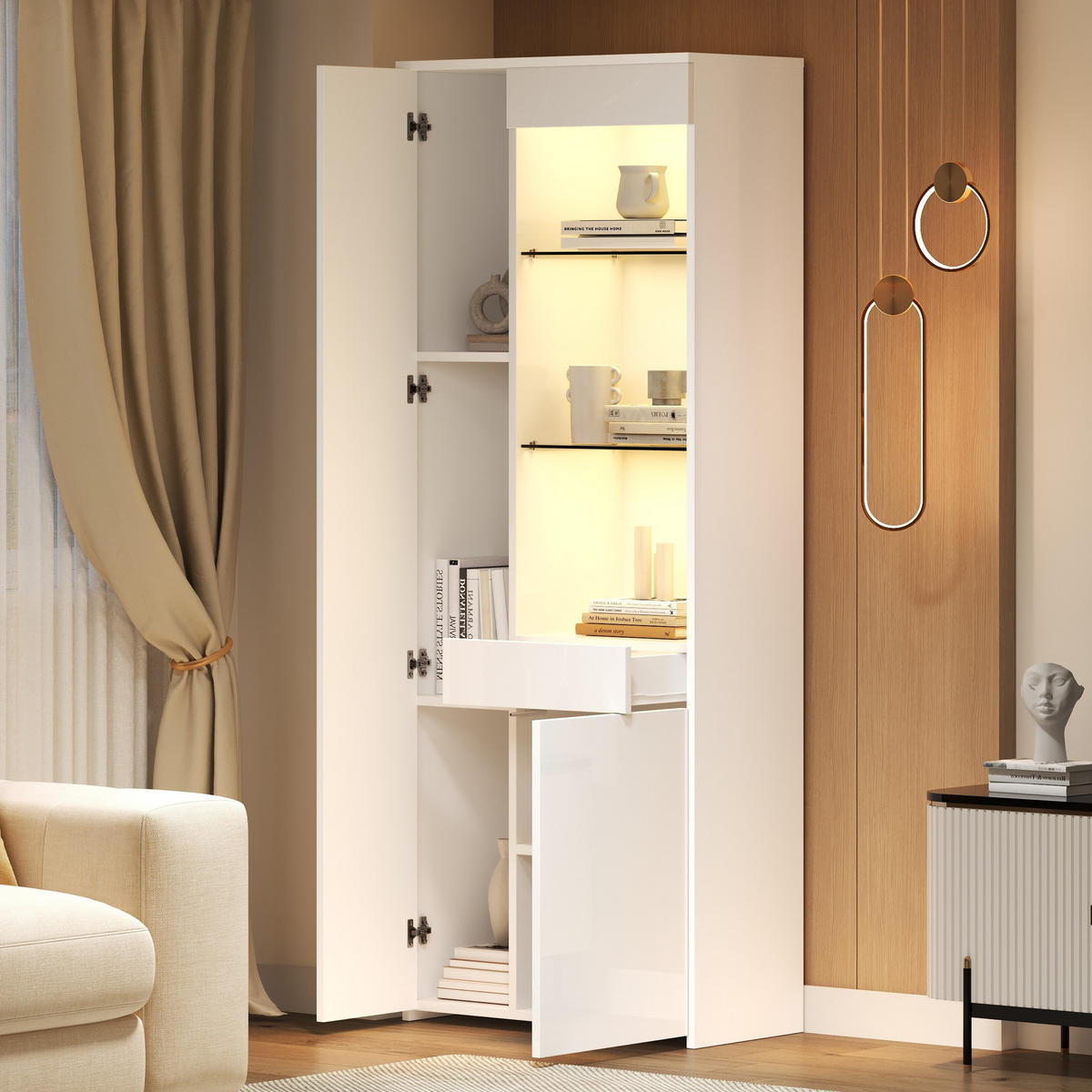 VITRINE weiß mit Rückpralltüren, halboffenem Bereich und App-gesteuerter LED-Beleuchtung 70 × 35 × 180 cm - Weiß, Holzwerkstoff (70/180/35cm) - Luhomfu