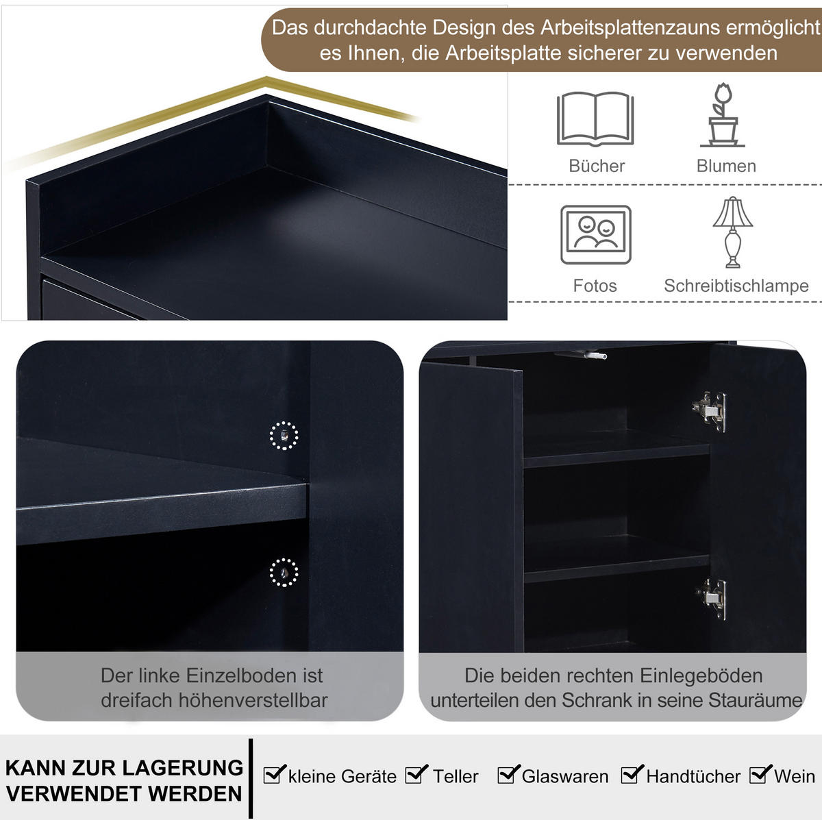 SIDEBOARD 120/30/80 cm mit 4 Türen, verstellbaren Einlegeböden und Push-to-Open, mit Metallrahmen, Schwarz - Schwarz, Holzwerkstoff (120/80/30cm) - Redom