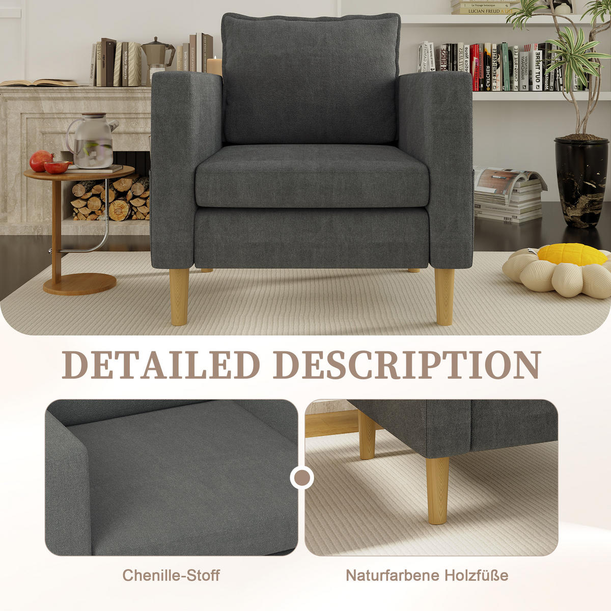 SESSEL Chenille Grau mit Seitentasche und Kissen - Grau, Holz/Holzwerkstoff (71/82/68cm) - WISHDOR