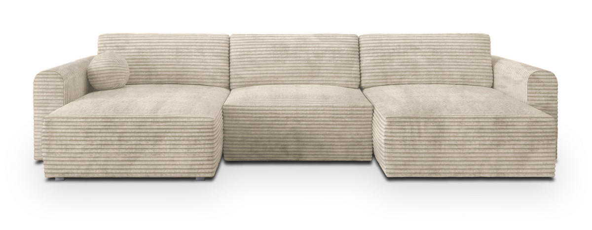 WOHNLANDSCHAFT FENTO Creme Kordstoff mit Schlaffunktion - Creme, Holz (347/90/148cm) - MASSENO