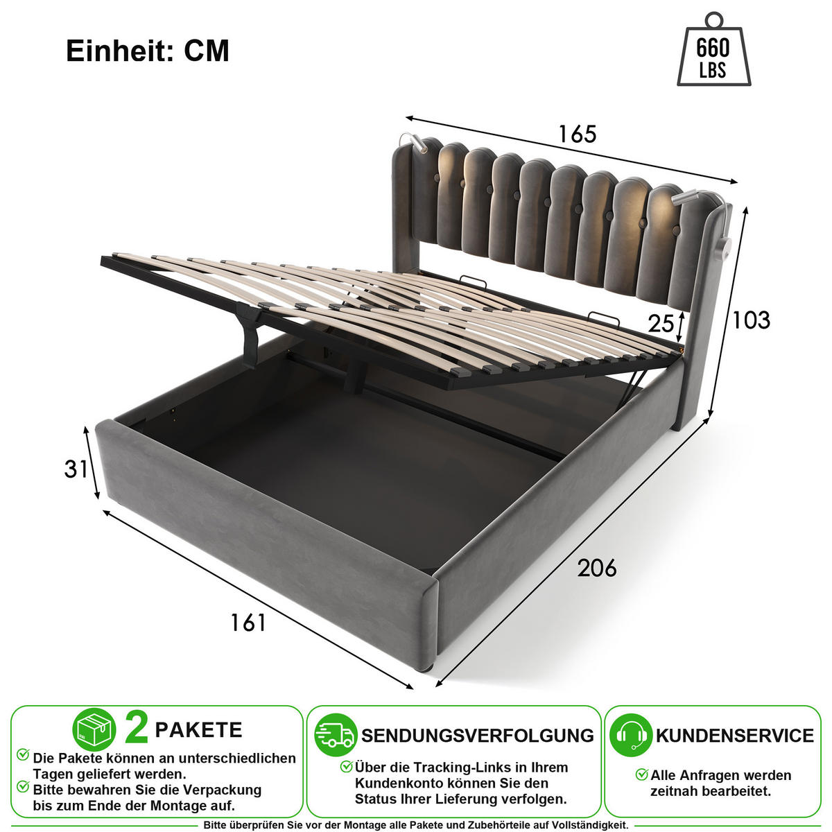 ČALOUNĚNÁ POSTEL 160/200 cm v šedé sametové látce s úložným prostorem, lampičkou a USB - šedá, kov/kompozitní dřevo (160/200cm) - CHICFURN