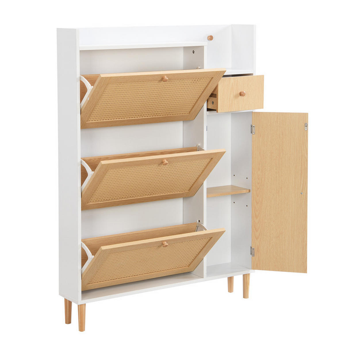 SCHUHSCHRANK RATTAN mit 3 Kipp-Türen und 1 Schublade Massivholzbeine 90x125x17 cm - Braun, Holzwerkstoff (17/125/90cm) - Fuleadture