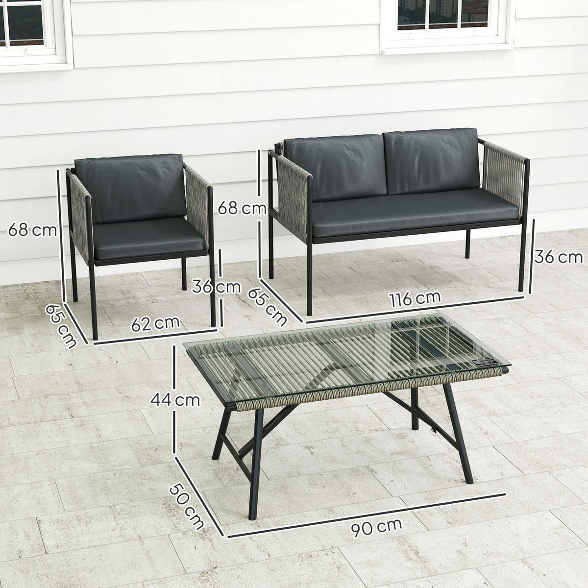 GARTENMÖBEL-SET DE-06725 4-teilig mit Glasplatte Grau - Grau, Kunststoff/Metall - ComfortXL