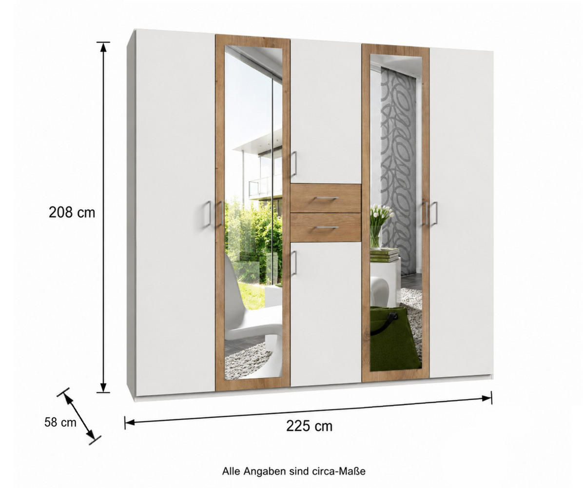 DREHTÜRENSCHRANK Kleiderschrank B225/H208/T58 cm mit Schubkästen & 2 Spiegeltüren, Weiß mit Absetzungen in Eiche Dekor / 22591 - Eichefarben/Silberfarben, Holzwerkstoff/Kunststoff (225/208/58cm) - luma-home