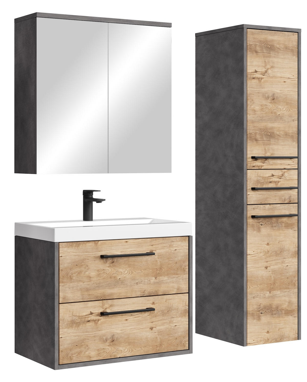 BADMÖBEL-SET Florence 4 Teile Kastanien Eiche / Grau - 60 x 35 x 51 cm - Eichefarben/Grau, Holz (60/51/35cm) - Badplaats