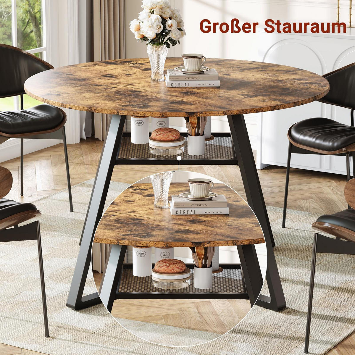 ESSTISCH Rund Ø 120 cm Industrial Design mit Ablagefach, MDF & Metall Schwarz-Braun - Braun, Metall (120/120/75cm) - DELFA