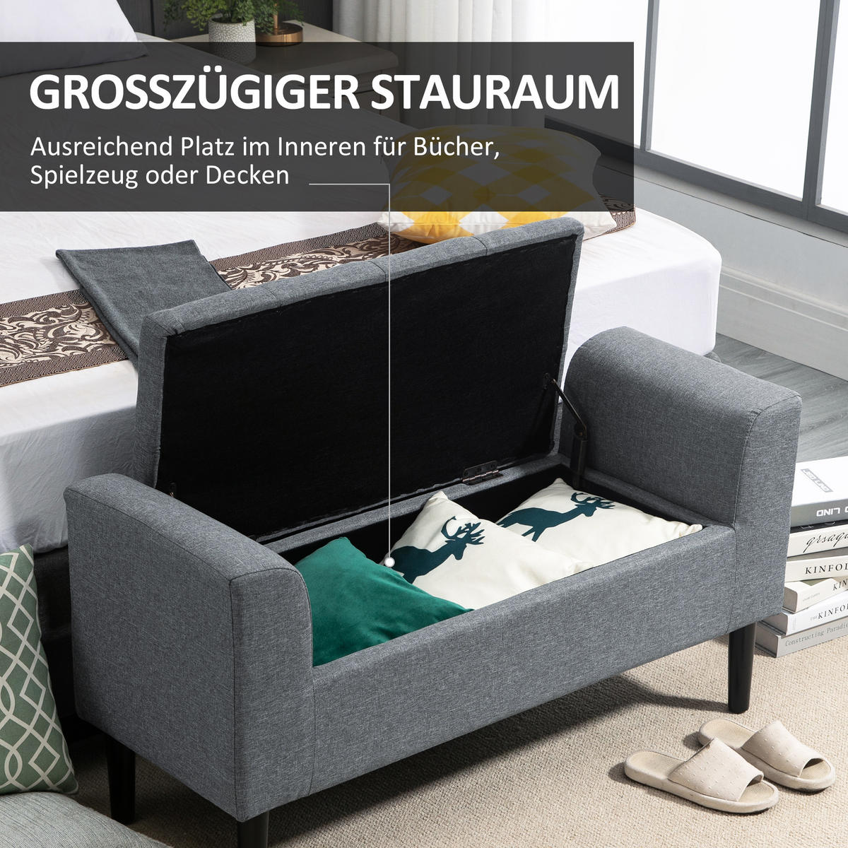 TRUHENBANK DE-07137 Leinenoptik, Kautschukholz, bis 130 kg Hellgrau - Hellgrau/Schwarz, Holz/Textil (44/58/116cm) - ComfortXL