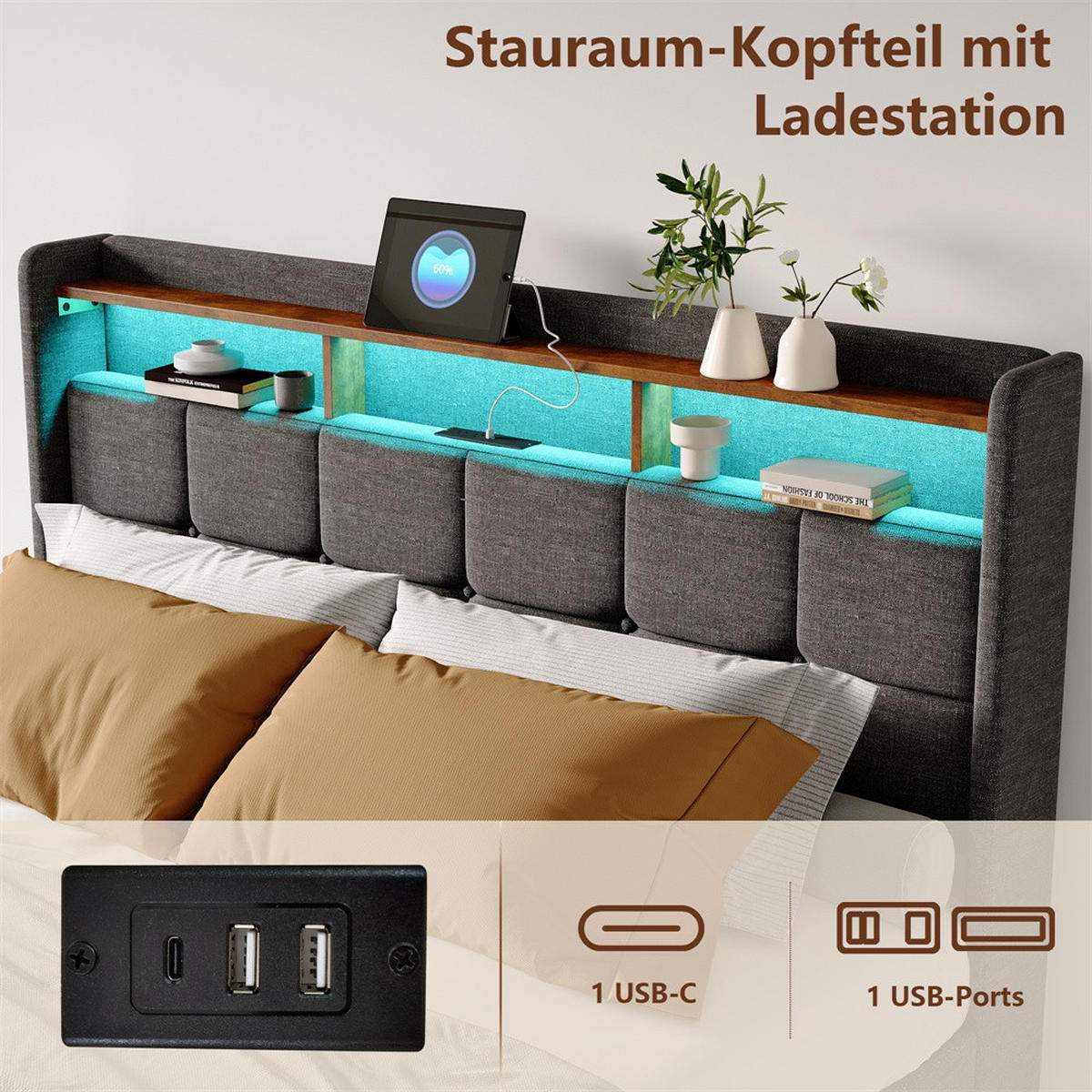 POLSTERBETT 140x190cm - Doppelbett mit 4 Schubladen - RGB-LED-Beleuchtung Ladestation - ohne Matratze - Grau - Grau, Textil (140/190cm) - DELFA