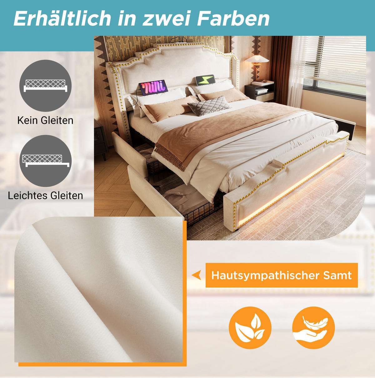 POLSTERBETT 180/200 cm aus Samt mit LED-Beleuchtung, USB-C und 4 Schubladen Beige - Beige, Textil (180/200cm) - Modenvie