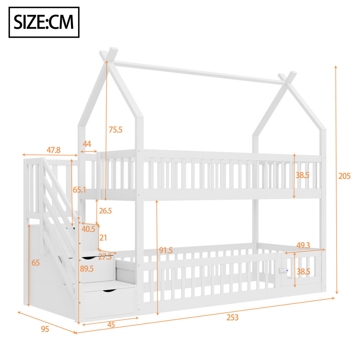 ETAGENBETT aus Massivholz 90x200 cm in Weiß mit Treppe & Schubladen - Weiß, Holz (90/200cm) - Modfu