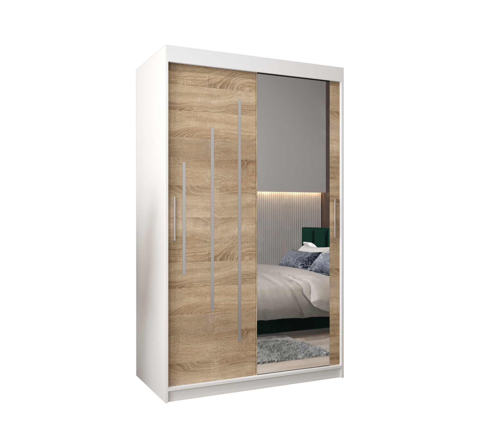 Abiks Möbel SCHWEBETÜRENSCHRANK Weiß, Sonoma Eiche 120cm × 62cm × 200cm