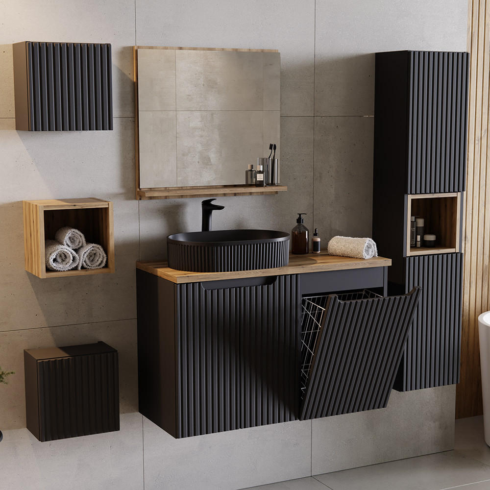 BADMÖBEL-SET 6-TLG. Newport-56 - Schwarz, Holzwerkstoff (210/200/40cm) - Lomado