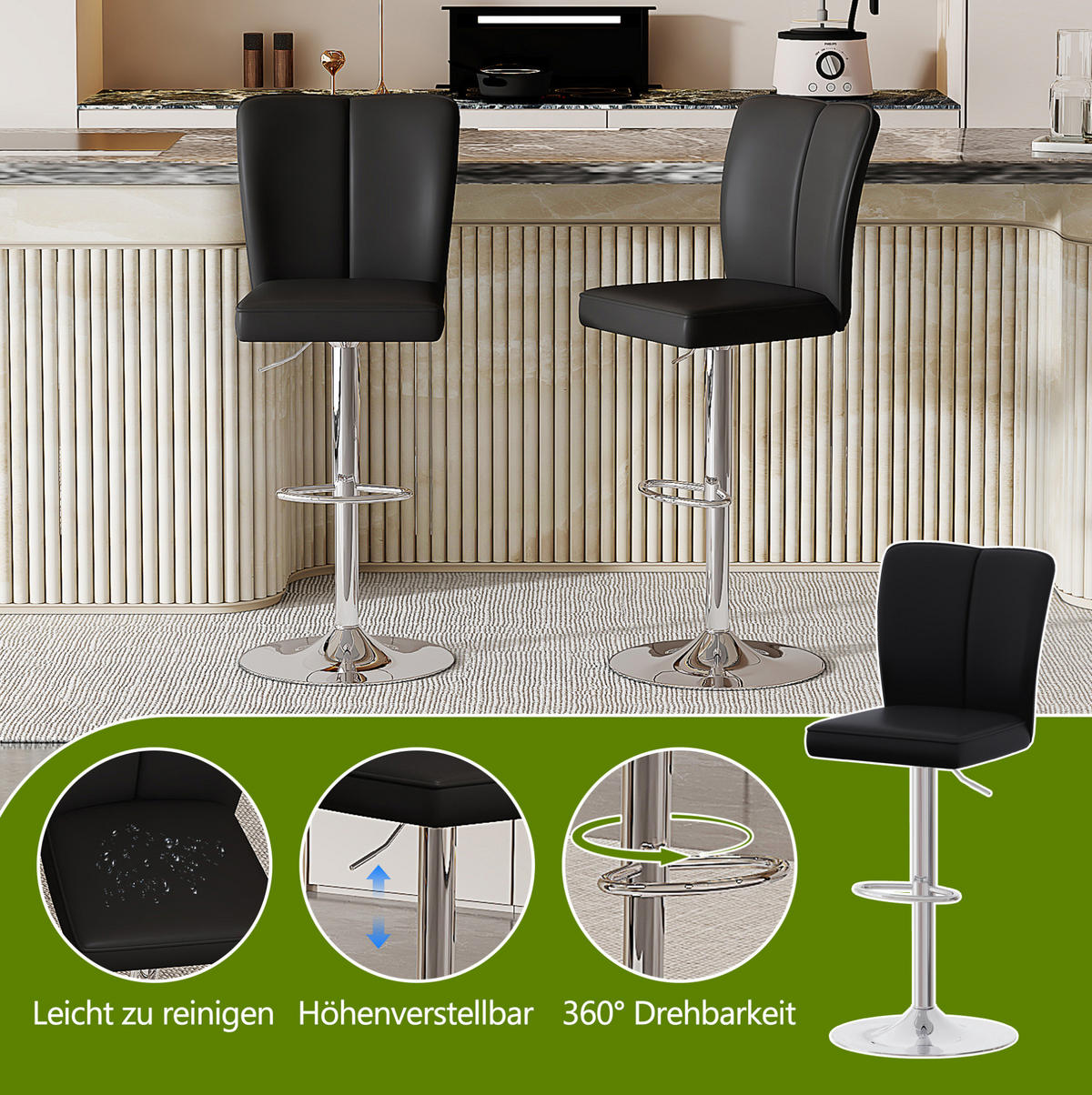 BARHOCKER 2er-Set höhenverstellbar drehbar PU-Leder Schwarz/Silber - Silberfarben, Metall (44/117.5/44.5cm) - Meubliv