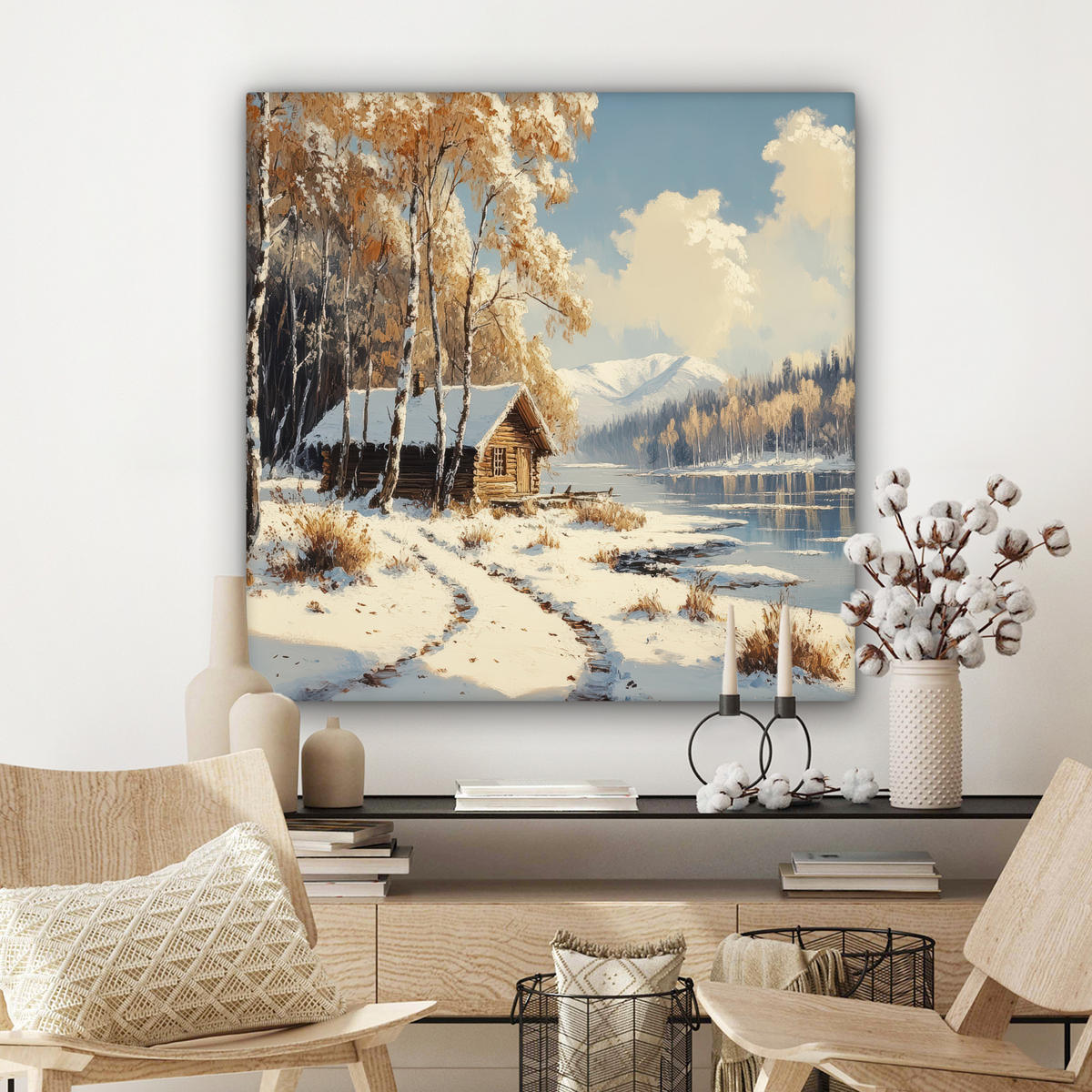LEINWANDBILD Winter - Schnee - Zuhause - Natur Deko Groß 90x90 cm - Hellbraun, Textil (90/90cm) - MuchoWow