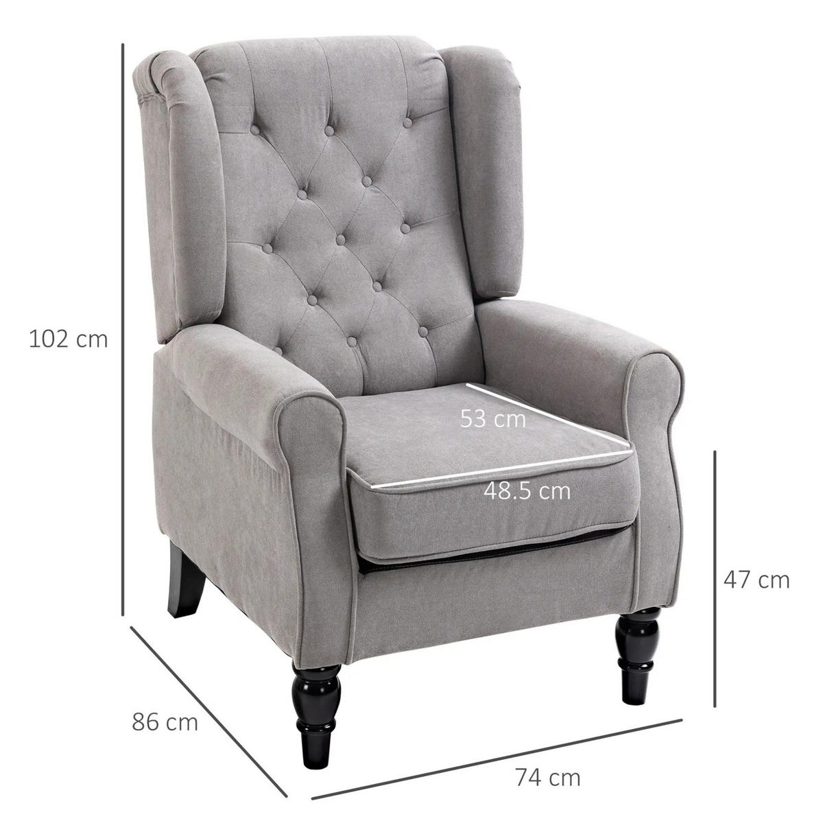 OHRENSESSEL 74/86/102 cm mit hoher Rückenlehne und Knopfheftung - Grau, Textil (86/102/74cm) - BEAOK