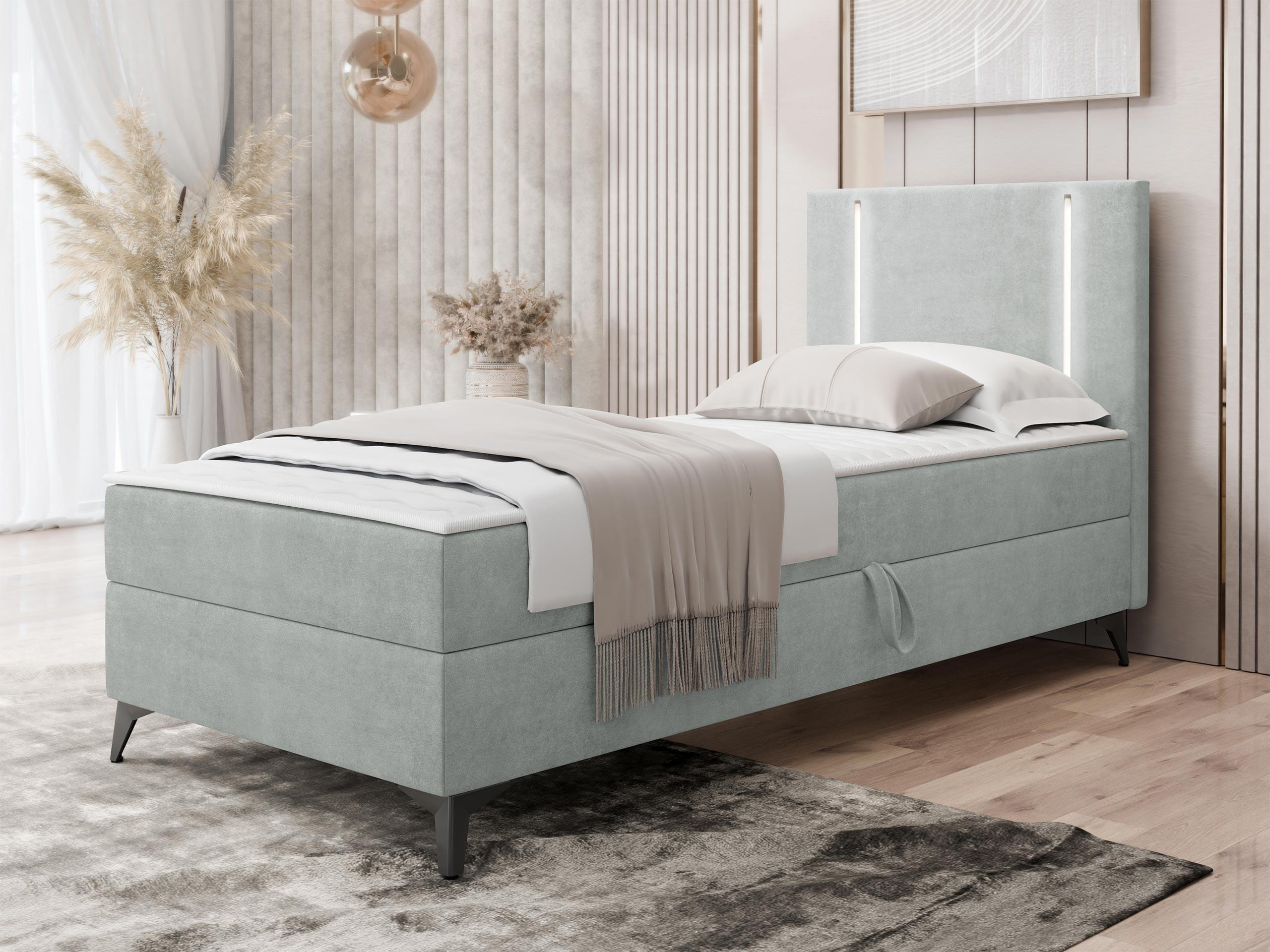 BOXBETT Ono 1, Setite: Rechts - Hellgrau/Schwarz, Holz/Textil (90/200cm) - MIRJAN24