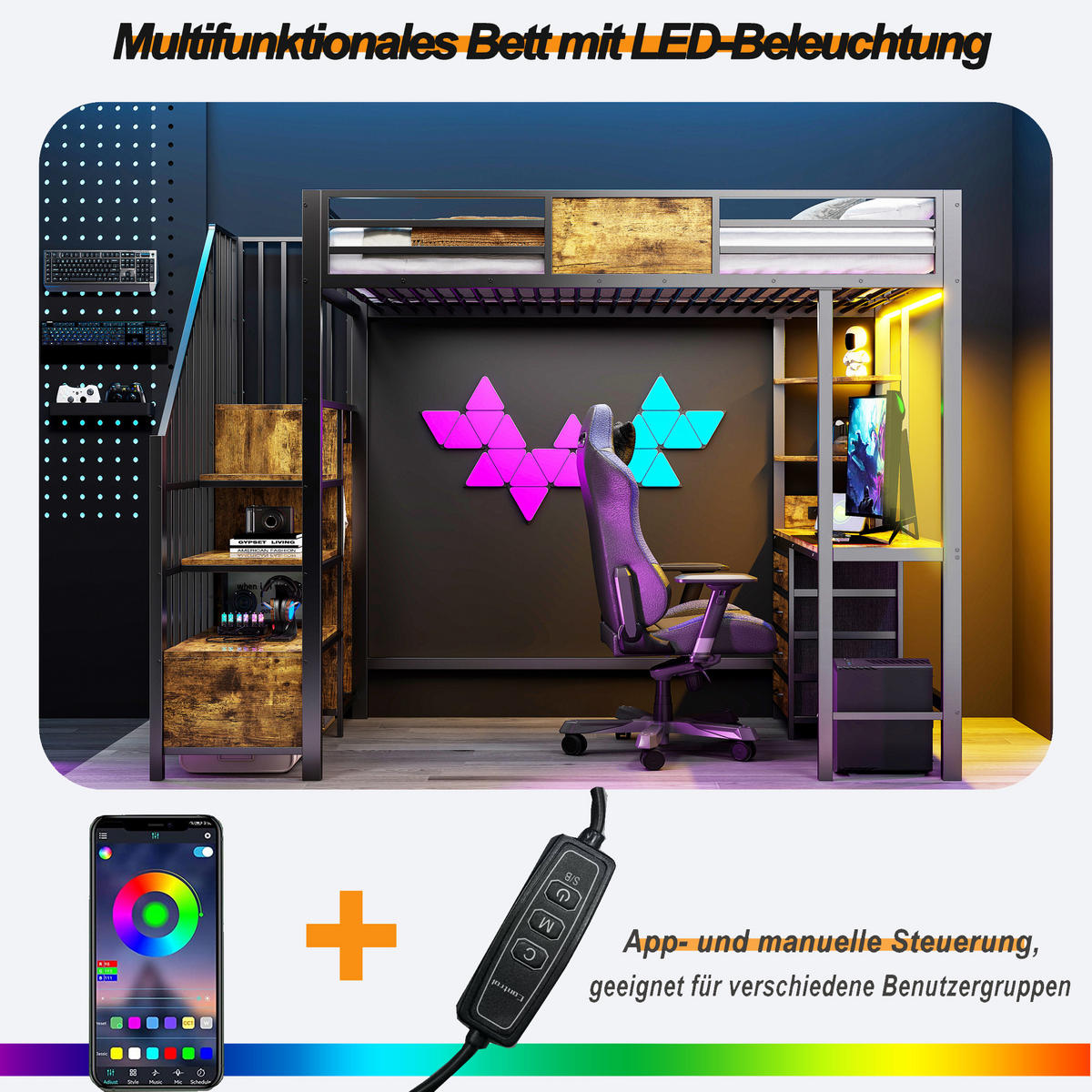 HOCHBETT 90/200 cm in Schwarz mit Schreibtisch, Ablagefächern, Kleiderstange, LED und Steckdose - Schwarz, Holz/Metall (90/200cm) - STILVORA