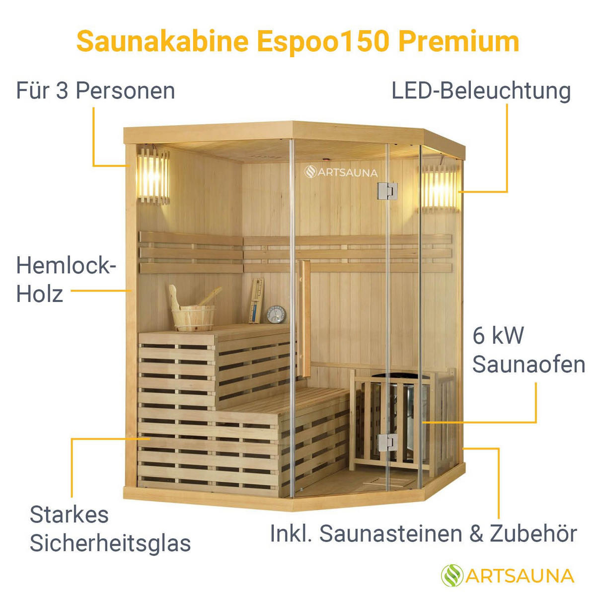 SAUNAKABINE Finnische Sauna Espoo150 Premium - Naturfarben, Holz (150/200/150cm) - Artsauna