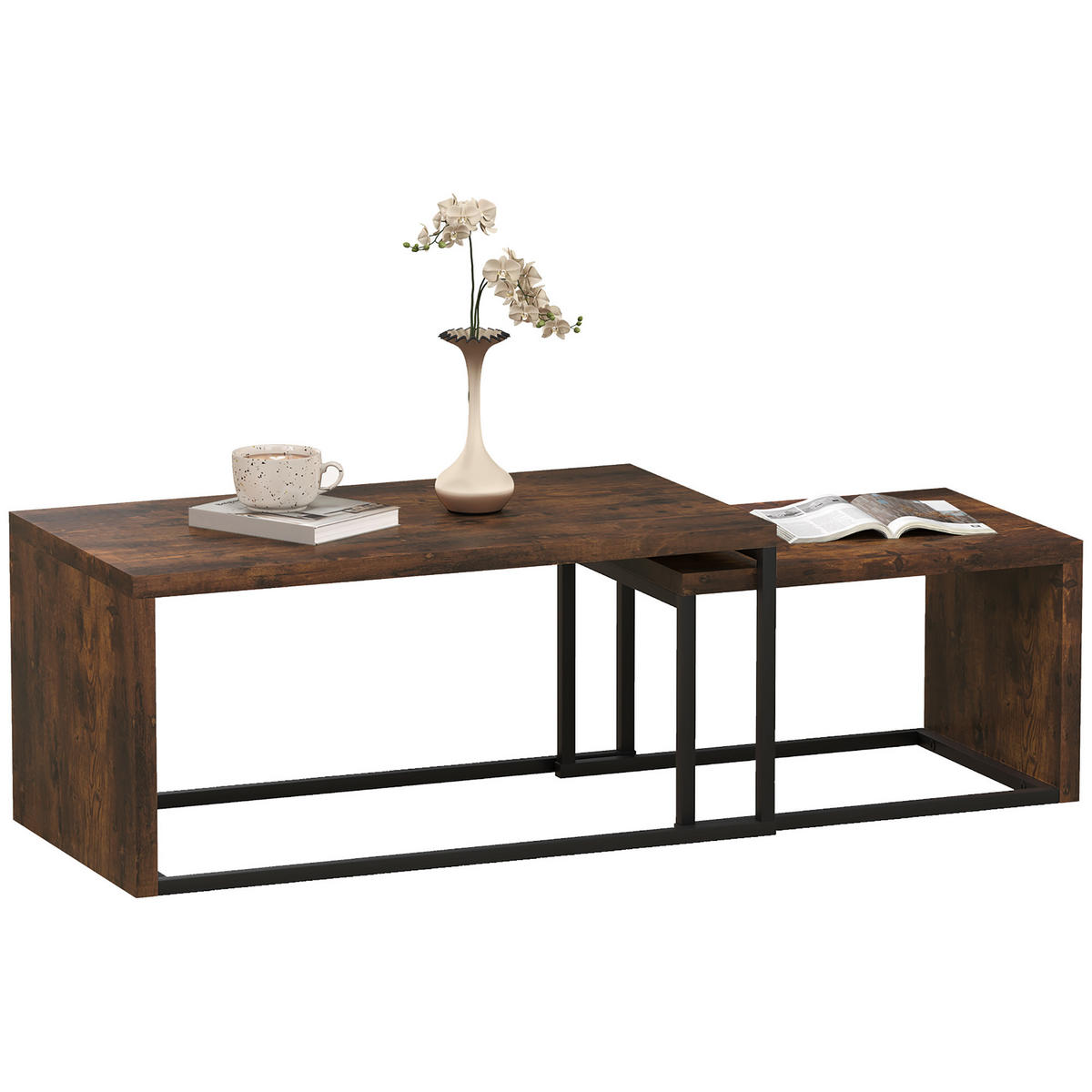 COUCHTISCH 2er-Set, verschiedene Formen, Schwarz+Braun - Braun, Metall (48/90/42cm) - HOMCOM