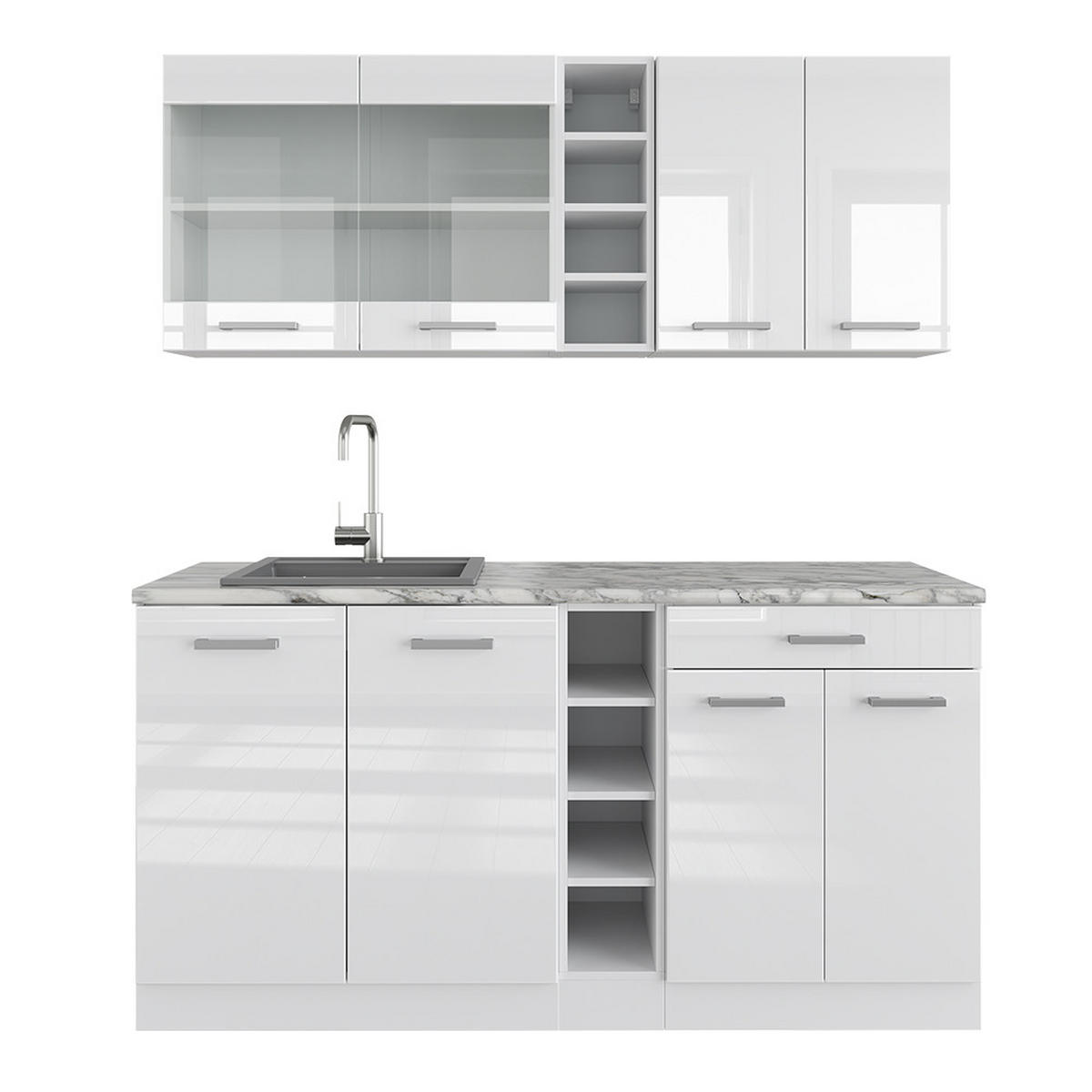 SINGLEKÜCHE R-Line Weiß Hochglanz/Weiß 160 cm, AP Marmor - Weiß Hochglanz/Weiß, Holzwerkstoff (160/81.6/60cm) - Vicco