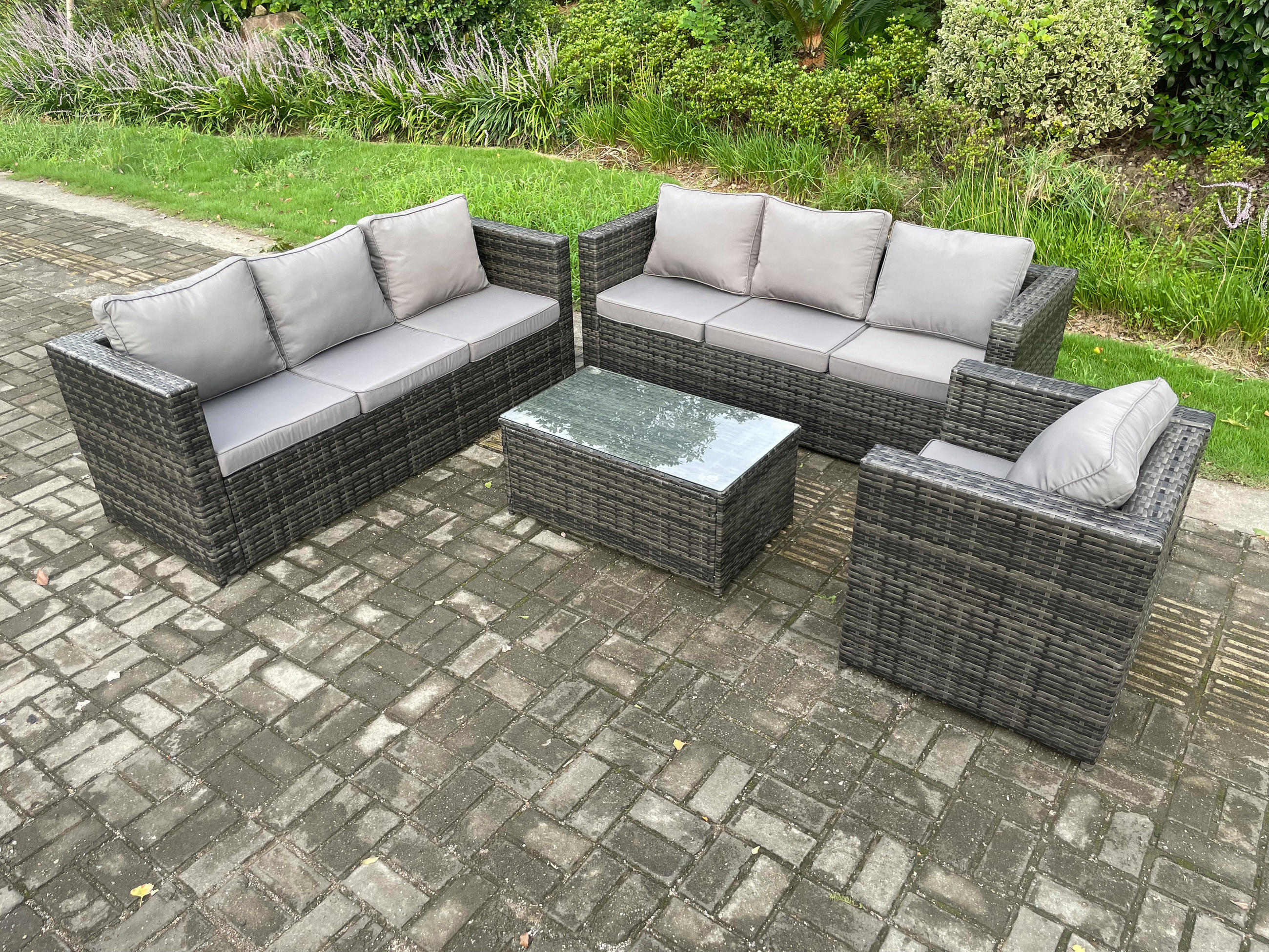 GARTENMÖBELSET Polyrattan 7-Sitzer - Dunkelgrau, Metall - Fimous