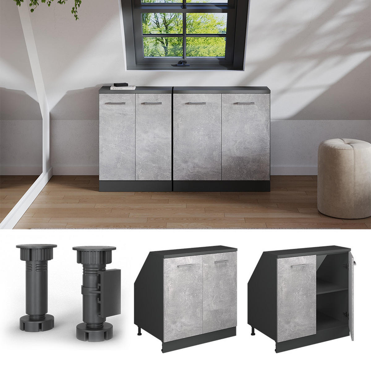 ORMARIĆ ZA KOSI KROV S VRATA Rion Beton 80 x 81.6 cm s 2 vrata, korpus ormara dubine 60 cm - siva/antracit, drvni materijal (80/83.8/60cm) - Vicco