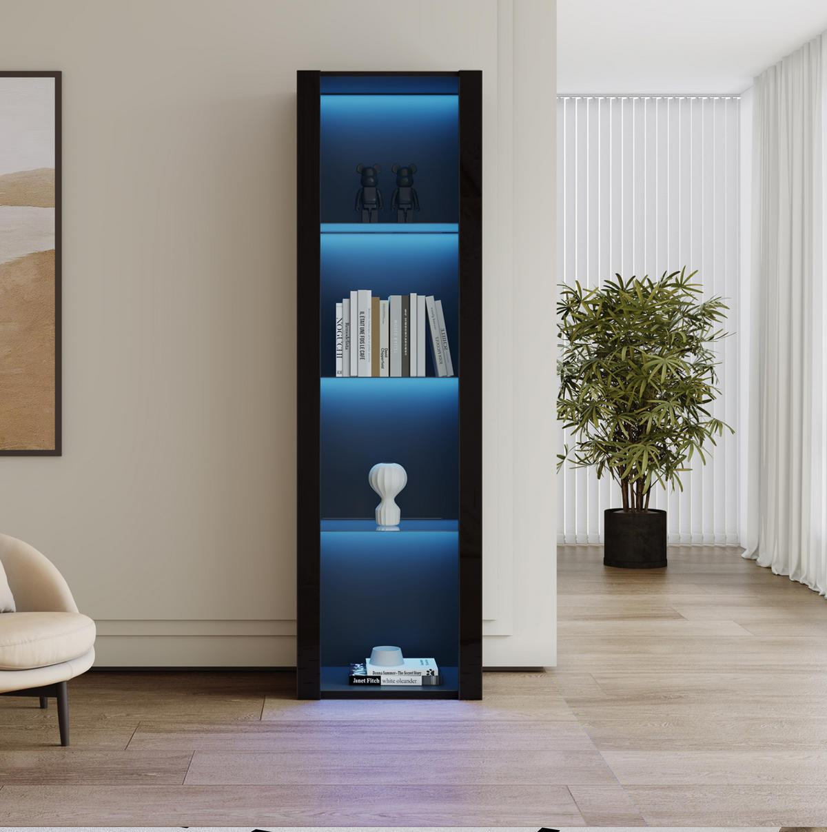 VITRINENSCHRANK aus Spanplatte 55x38x166 cm Schwarz mit LED-Beleuchtung, Hochglanzfront und 3 Glasböden - Schwarz, Holzwerkstoff (55/166/38cm) - Modfu