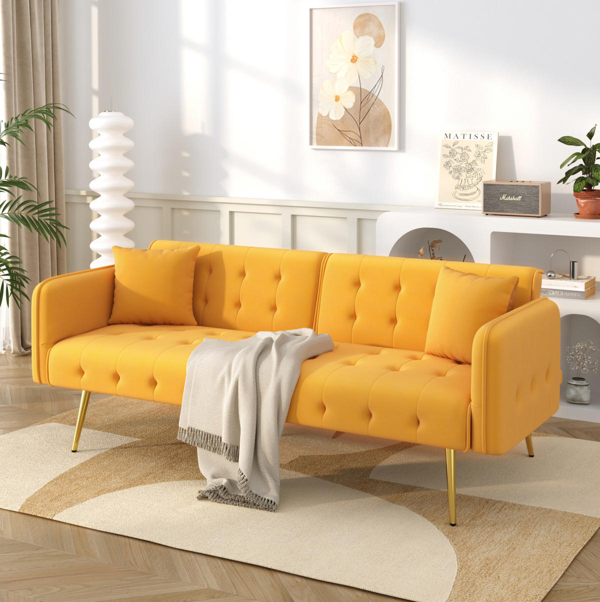 SOFABETT 2-in-1 mit Schlaffunktion 215 x 81,5 cm Velours Yellow - Gelb, Kunststoff (178/70/82cm) - Meubliv