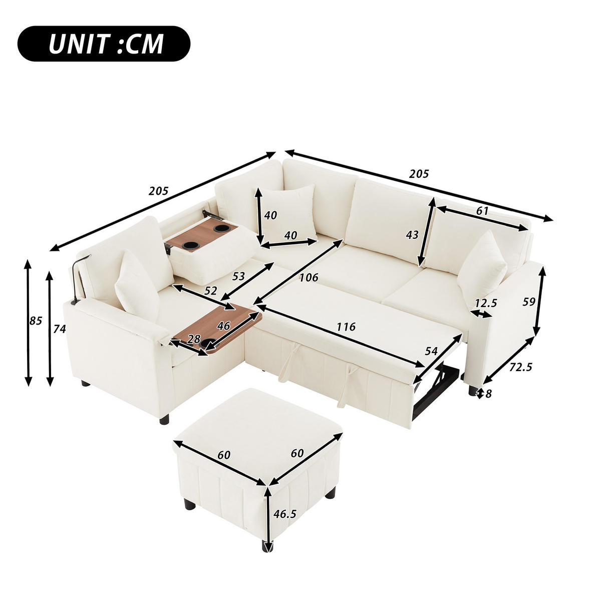 ECKSOFA Chenille mit Schlaffunktion, Hocker und USB-Anschluss 205/205/85 cm Beige - Beige, Textil (205/205cm) - Redom