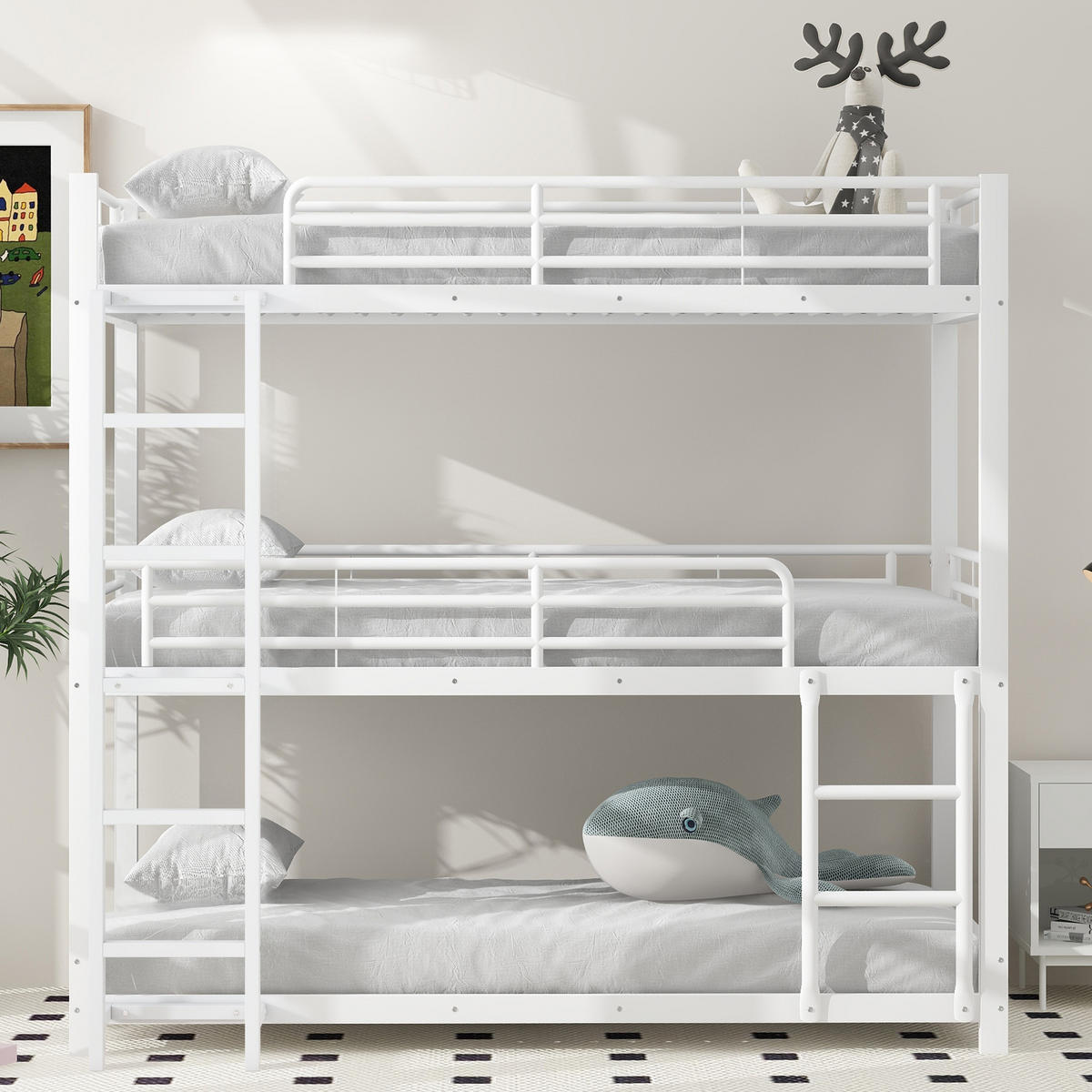 ETAGENBETT 90x200cm Weiß Metall Dreifach-Etagenbett - Weiß, Metall (90/200cm) - FLIEKS