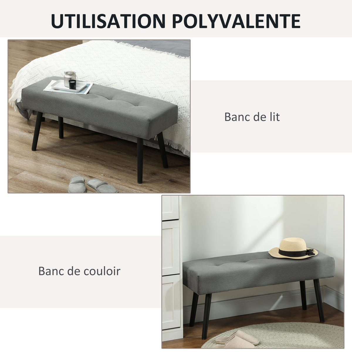 HOCKERBANK DE-12892 gepolstert, Velours und Stahlfüße Grau - Grau, Textil (36/45/100cm) - ComfortXL