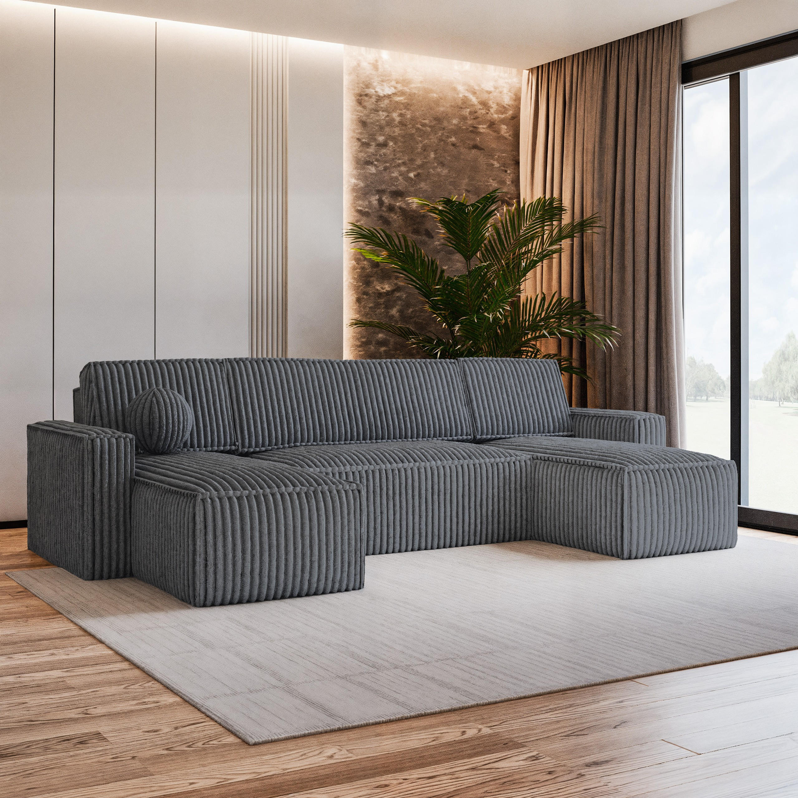 WOHNLANDSCHAFT PESANO T Graphitfarben Kordstoff mit Schlaffunktion - Graphitfarben, Holz (306/85/140cm) - MASSENO