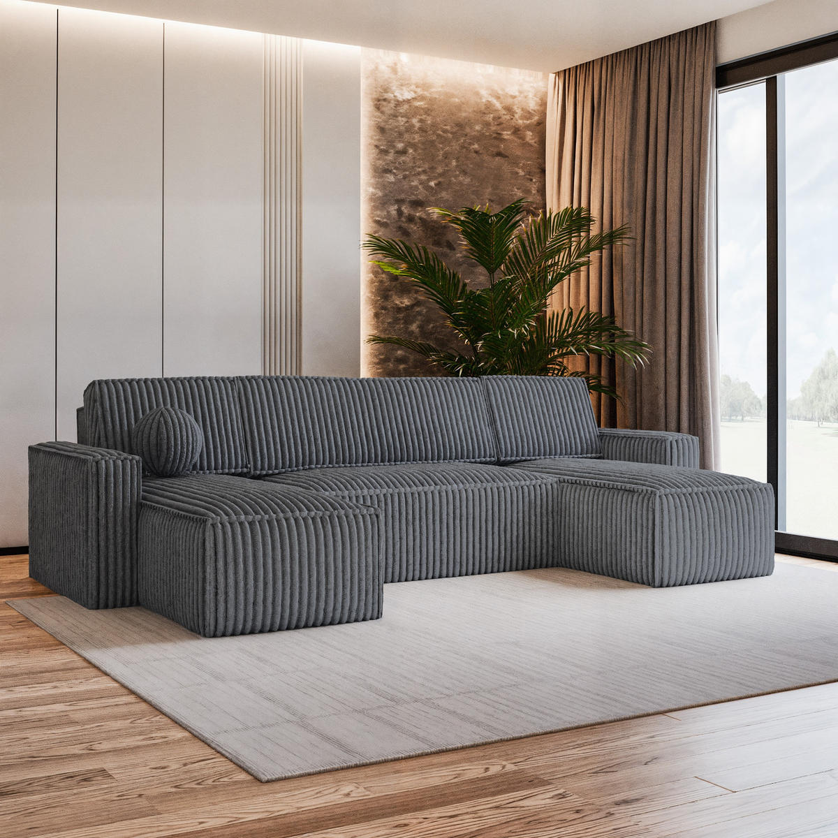 WOHNLANDSCHAFT PESANO T Graphitfarben Kordstoff mit Schlaffunktion - Graphitfarben, Holz (306/85/140cm) - MASSENO