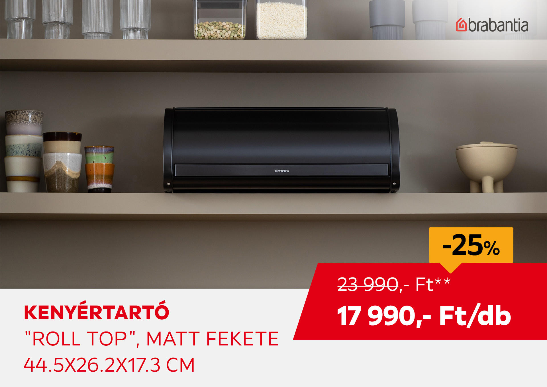Kenyértartó "Roll top", matt fekete, 17.5 × 44.8 × 26.6 cm Kiemelt termék 23990 Ft.- helyett 17990 Ft.-