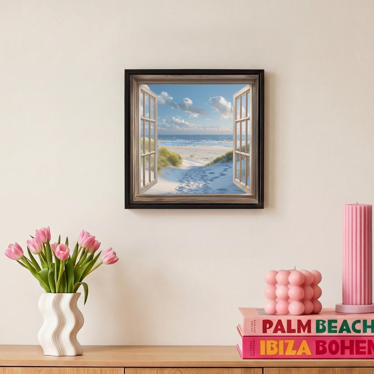 LEINWAND Bilder mit Rahmen - Aussicht - Strand - Fenster - Dünen - Meer - 20x20 - Hellblau, Textil (20/20cm) - MuchoWow