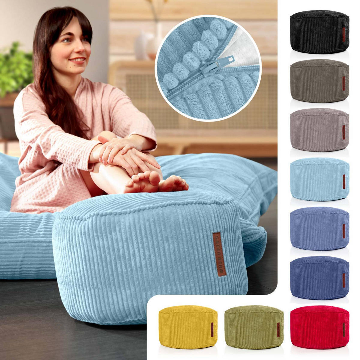 SITZSACK-HOCKER Pouf "Cord" 45x25cm - Hellblau, Textil (45/25/45cm) - Green Bean