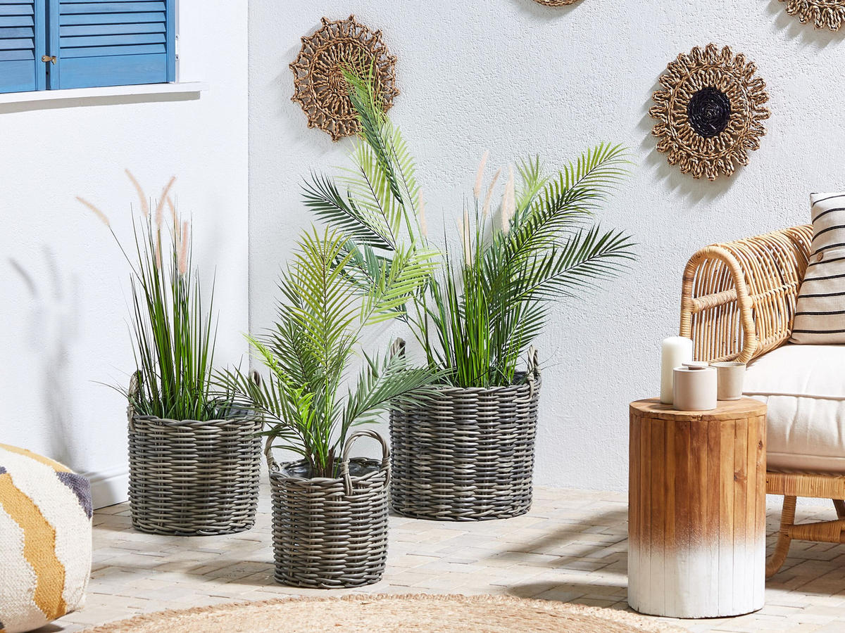 BLUMENKORB 3er-Set Rattan taupe rund 40-37/35-31/29-24 cm Nikiti - Braun, Kunststoff (45cm) - Beliani