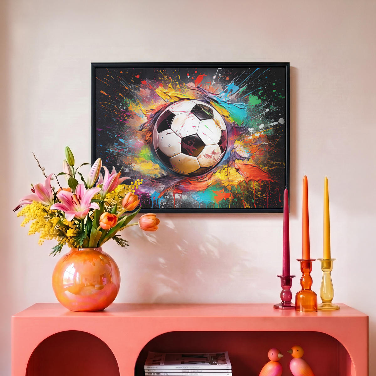 LEINWAND Bilder mit Rahmen - Fußball - Farbe - Farben - Schwarz - Weiß - 40x30 - Weiß, Textil (40/30cm) - MuchoWow