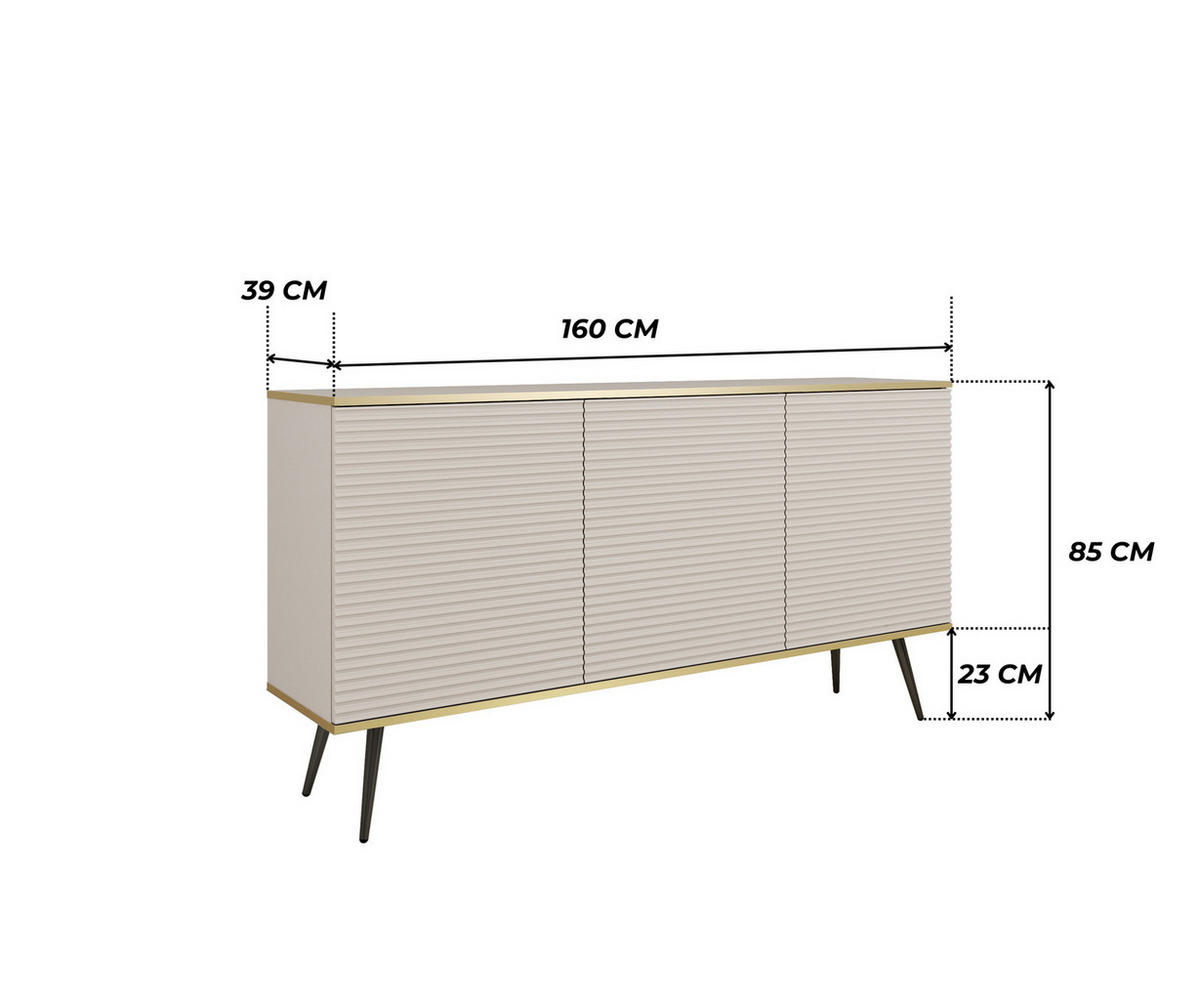 KOMMODE FORNO (Beige, Rillenfront, Goldene Details, 3 Türen, schwarze Metallfüße, 160 cm) - Beige/Schwarz, Holz/Holzwerkstoff (160/85/39cm) - Ravio