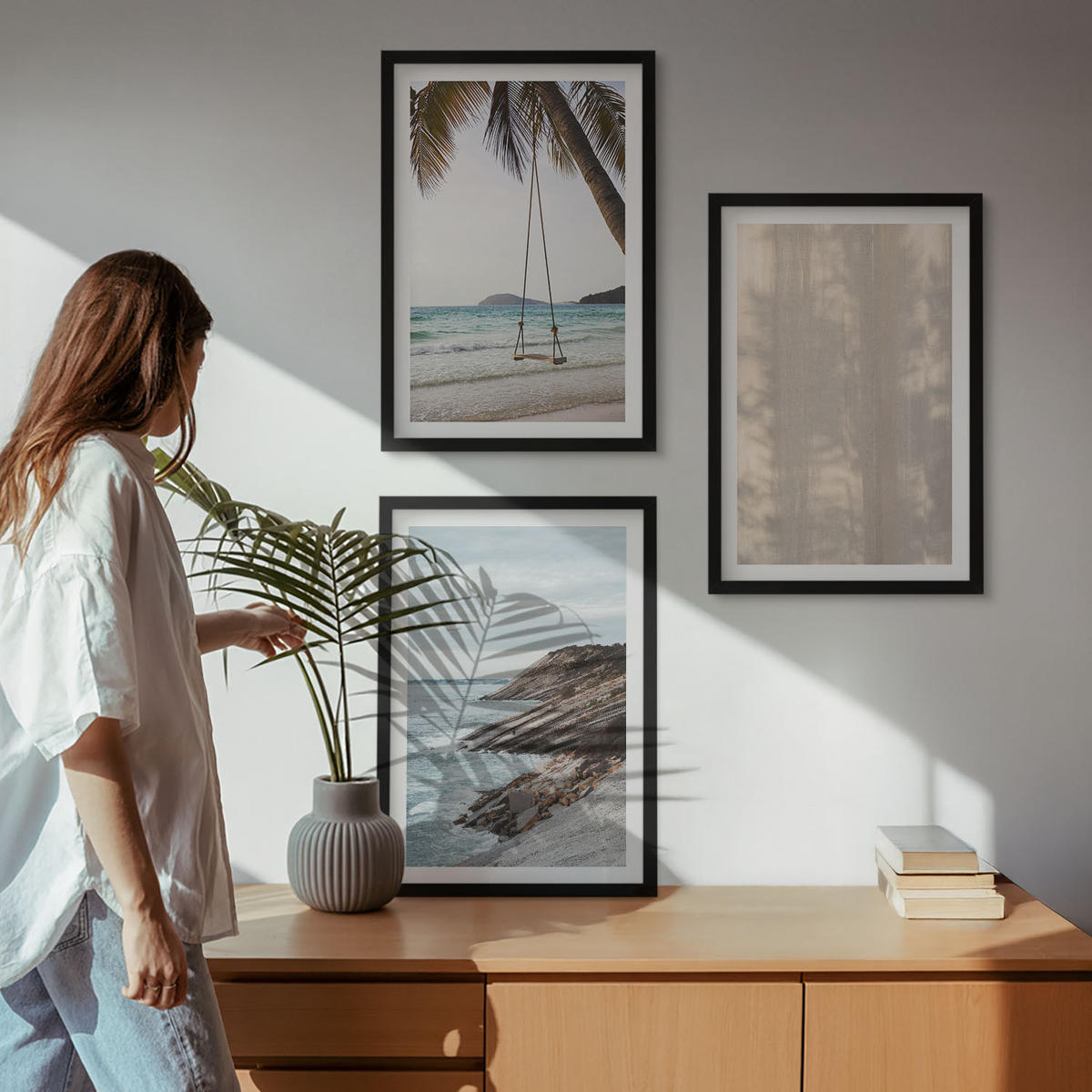 WANDBILDER 3er-Set - 40x60 cm Schwarzer Rahmen - Sommerlicher Sandstrand mit Meerblick - Schwarz, Kunststoff (40/60cm) - ArtPrintCave
