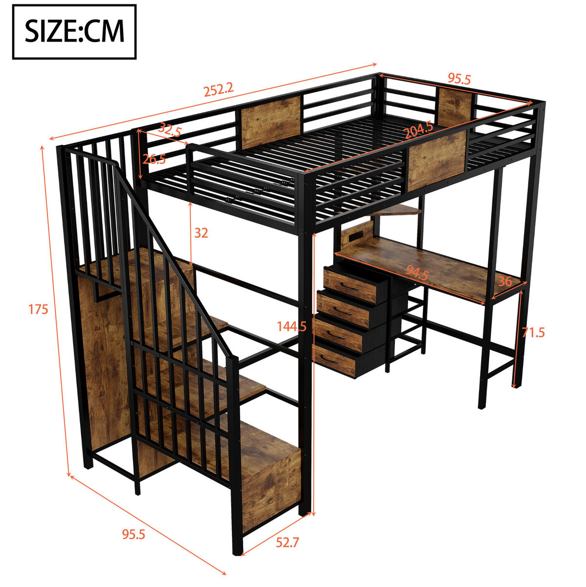 HOCHBETT 90/200 cm Schwarz aus MDF und Metall mit Schreibtisch, LED-Beleuchtung und Steckdose - Schwarz, Metall (90/200cm) - OKMYHOME