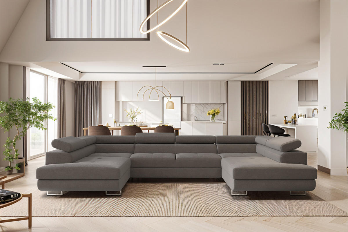 ECKSOFA Falio U-förmiges mit Schlaffunktion und Kopfstützen Velours Grau - Grau, Holz/Textil (202/345cm) - Kaiser Möbel