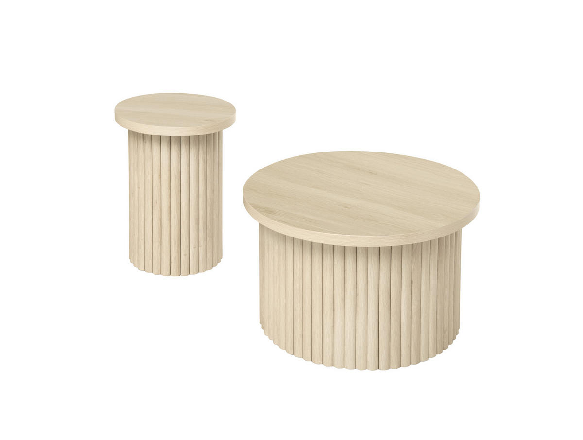 COUCHTISCH Set 2-teilig rund in natürlicher Holzoptik mit Wellenstruktur 68,7 cm und 40,1 cm - Naturfarben, Holzwerkstoff (68.7/68.7/40.6cm) - OKWISH