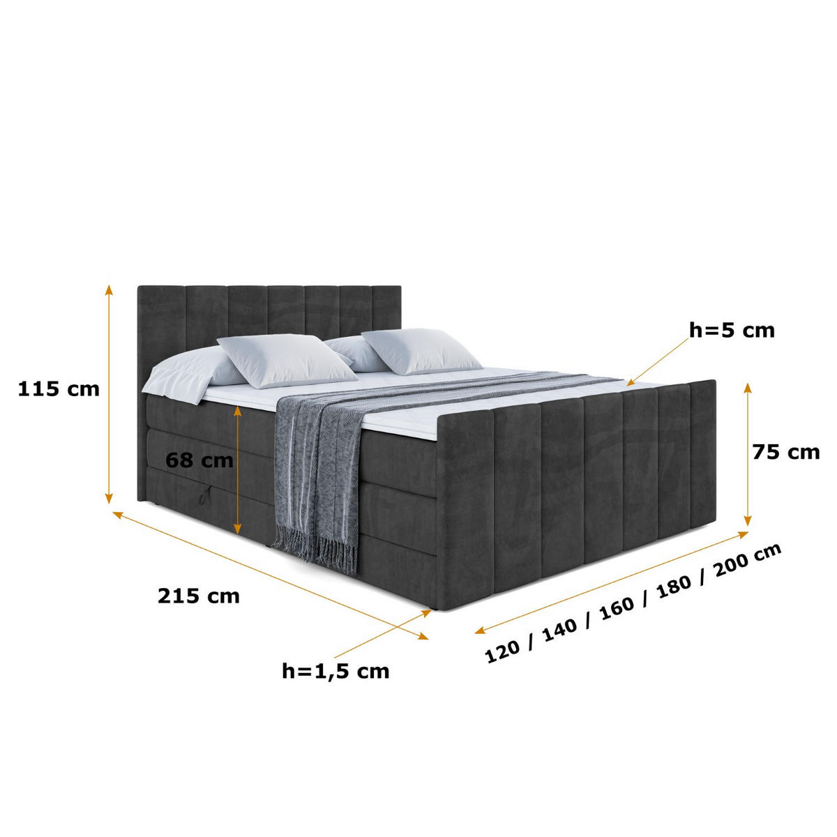 BOXSPRINGBETT MOETI-Z KING - 120x200 - H3/H4 - Schwarz - Schwarz, Holzwerkstoff (120/200cm) - ALTDECOR